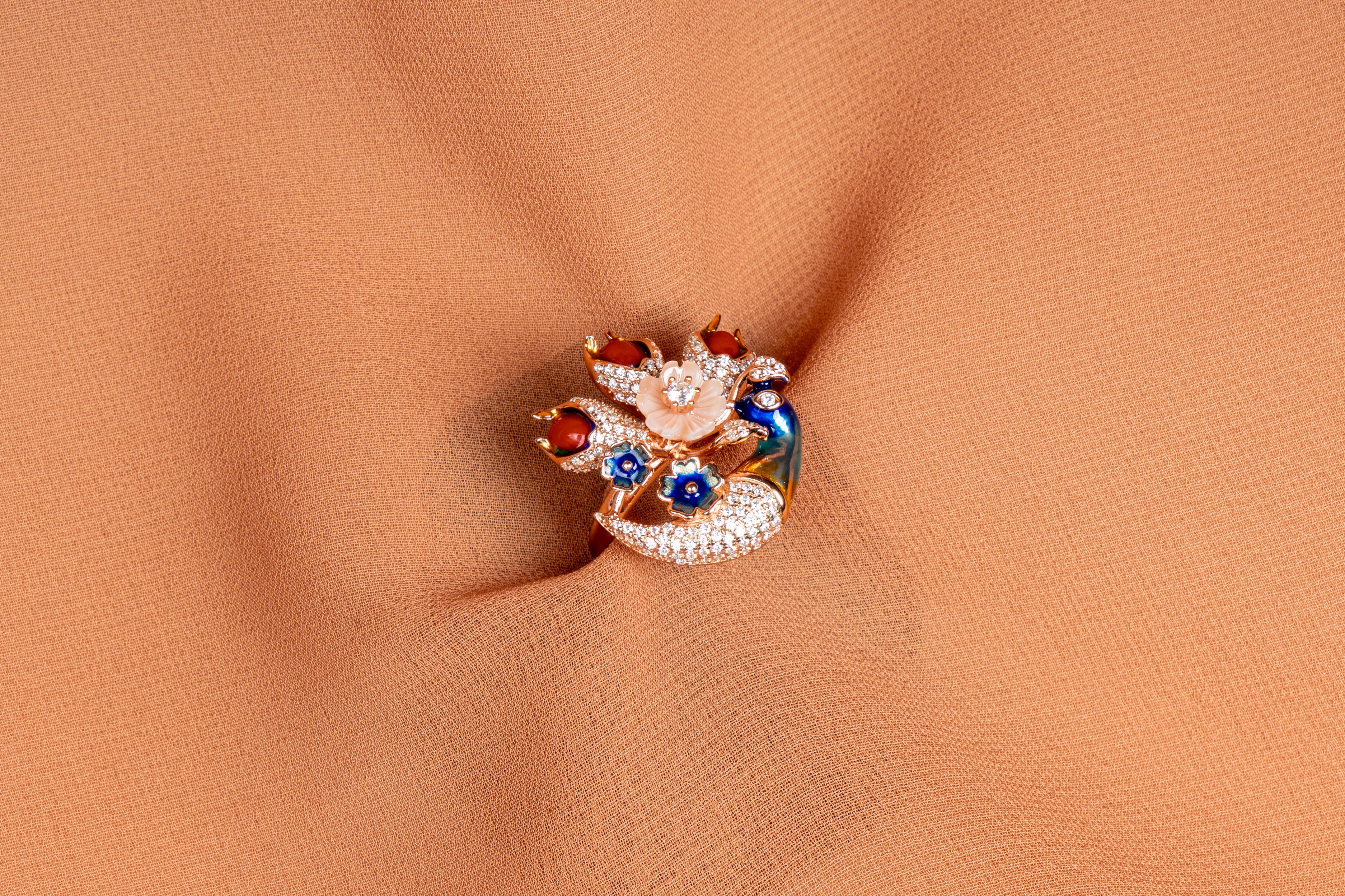 Imperial Peacock Blossom Statement Necklace Set with Floral Enamel Accents