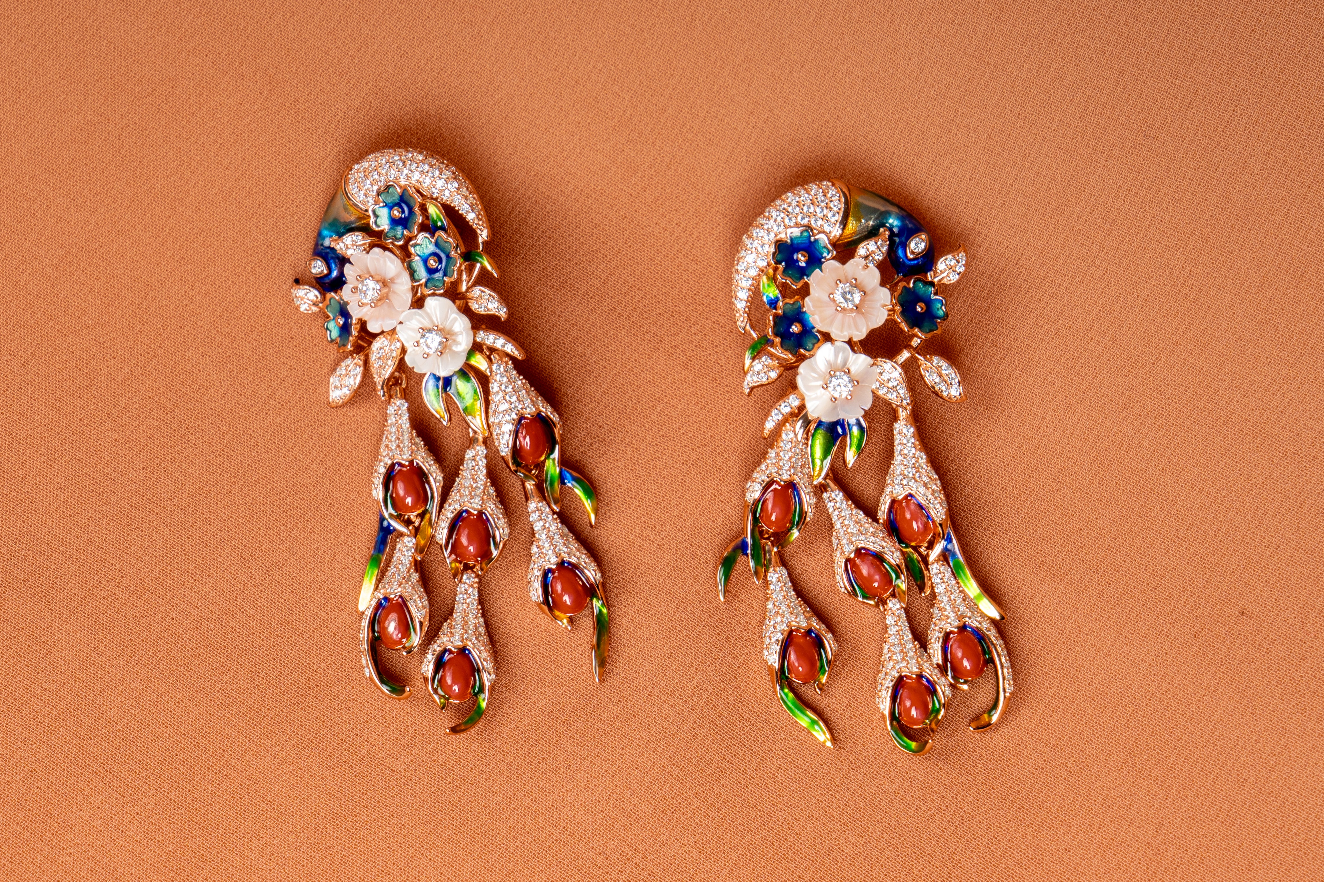 Imperial Peacock Blossom Statement Necklace Set with Floral Enamel Accents