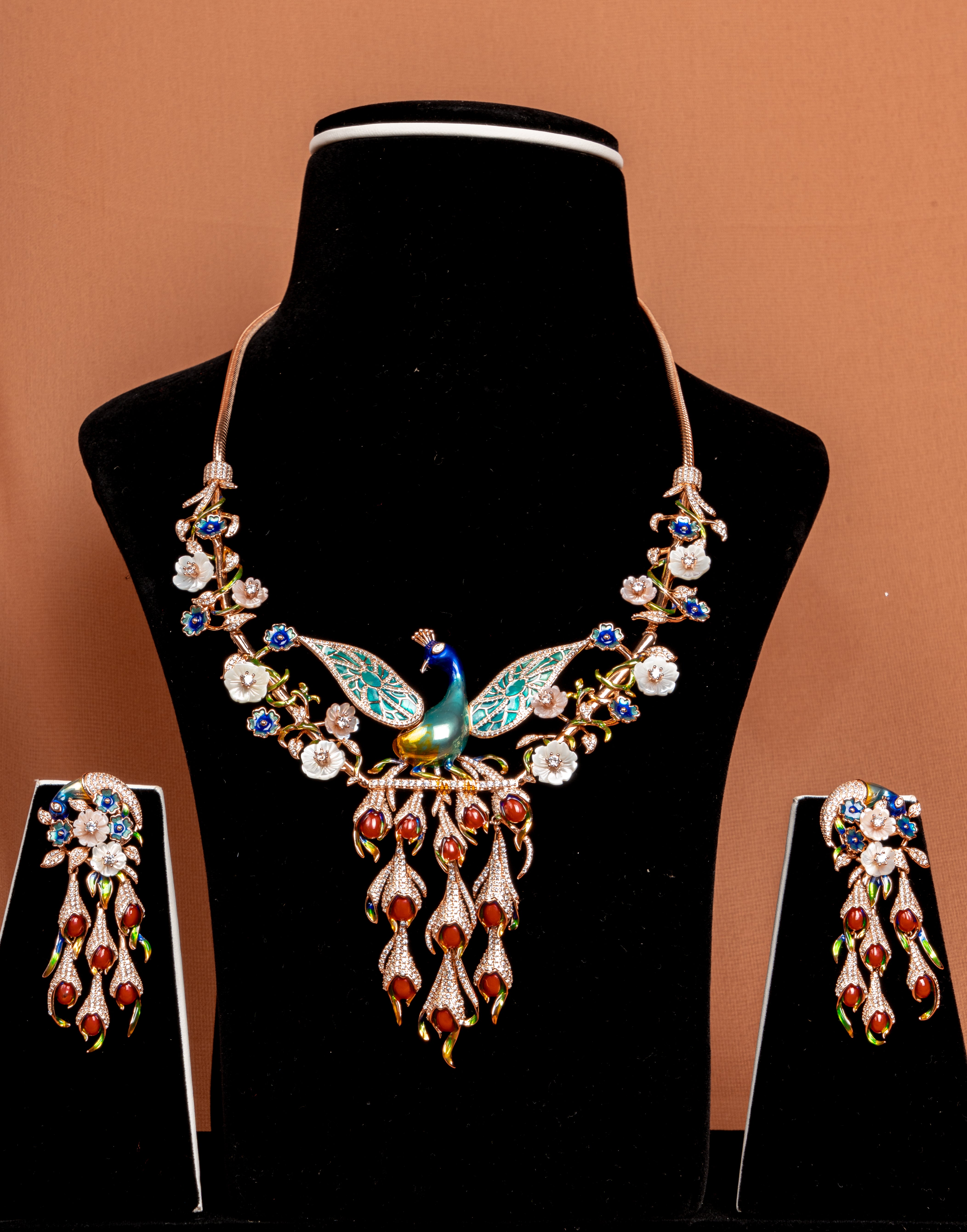 Imperial Peacock Blossom Statement Necklace Set with Floral Enamel Accents