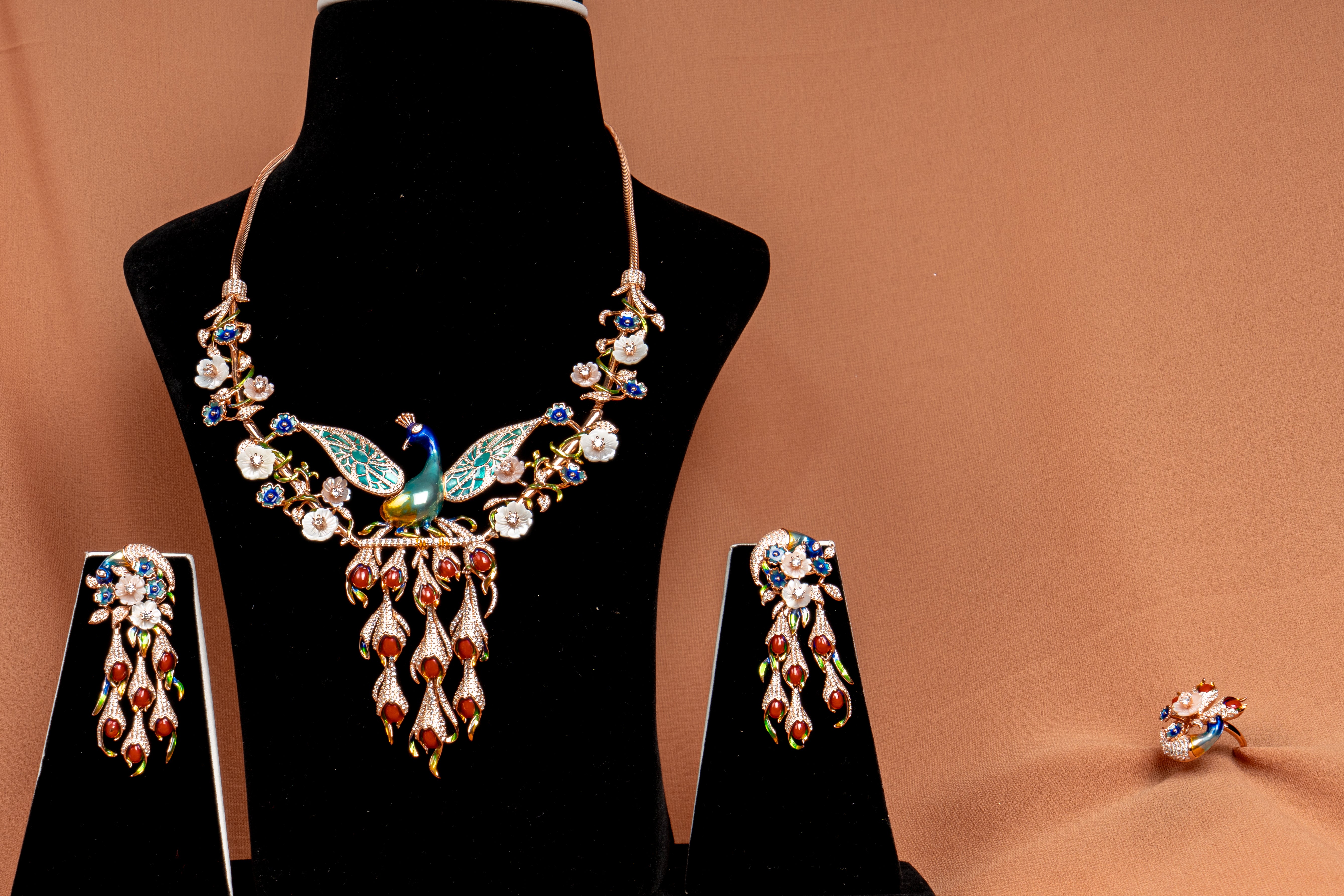 Imperial Peacock Blossom Statement Necklace Set with Floral Enamel Accents