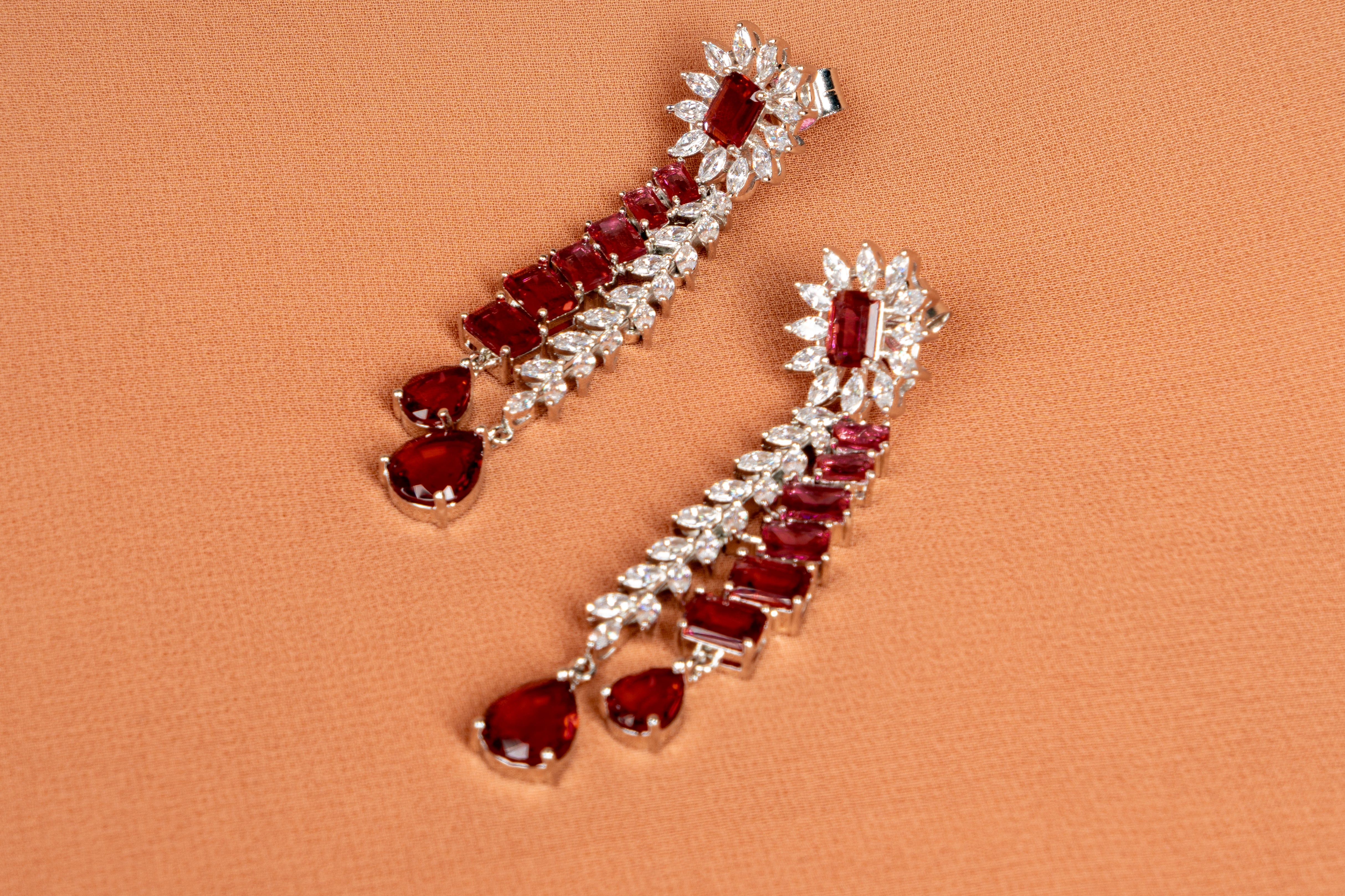 Scarlet Cascade Ruby Crystal Necklace & Linear Drop Earrings Set