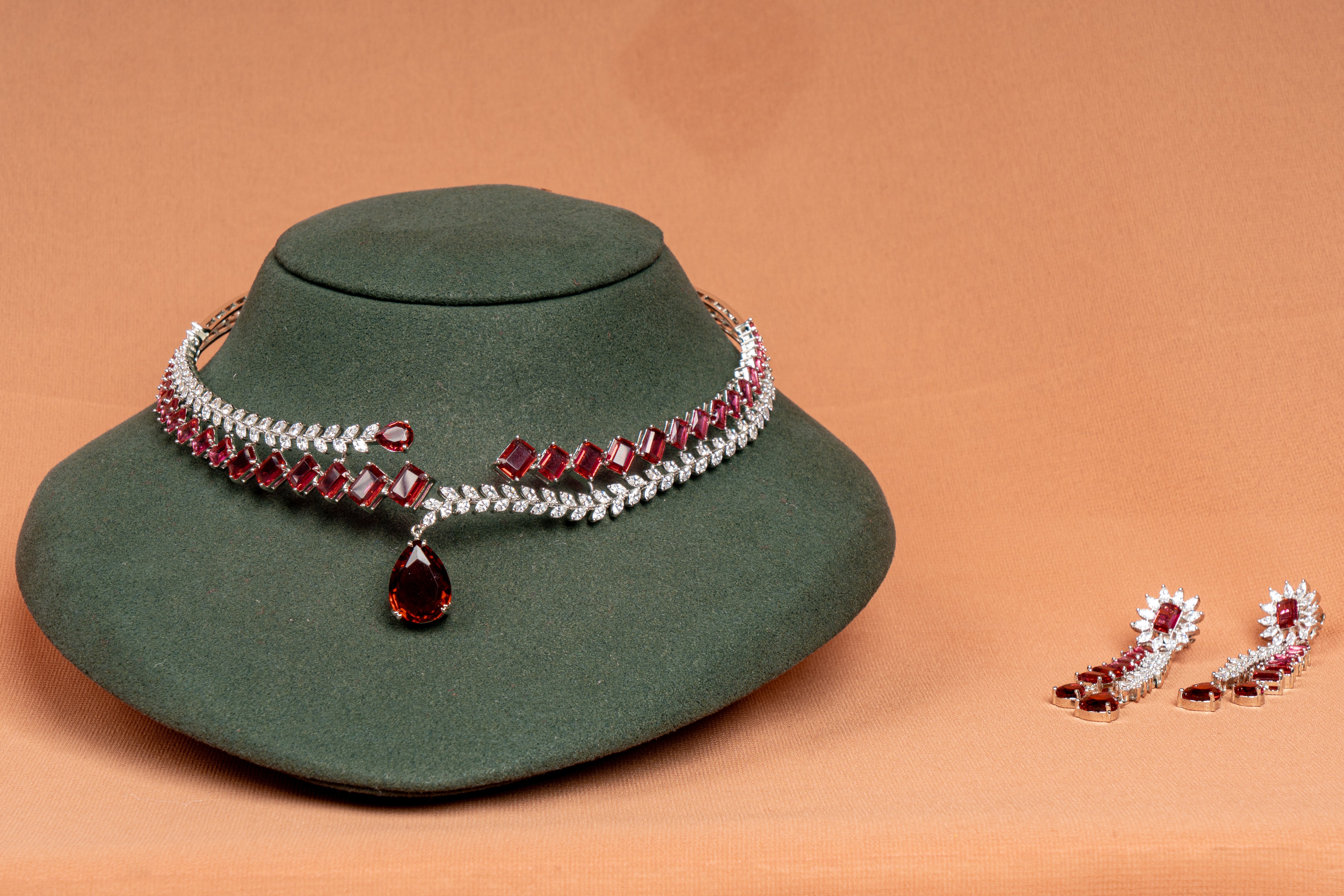 Scarlet Cascade Ruby Crystal Necklace & Linear Drop Earrings Set