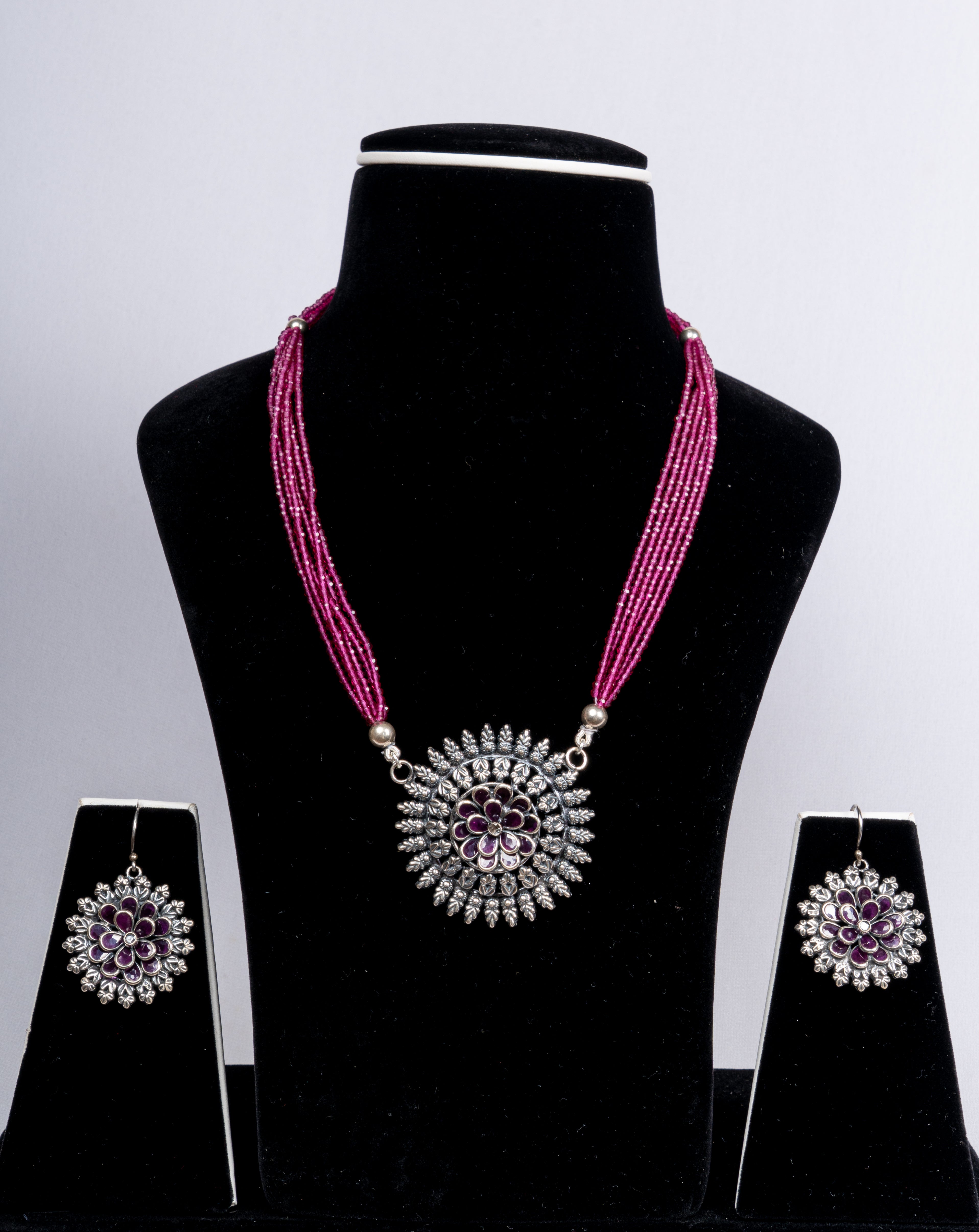 Amethyst Bloom Beaded Pendant Necklace Set