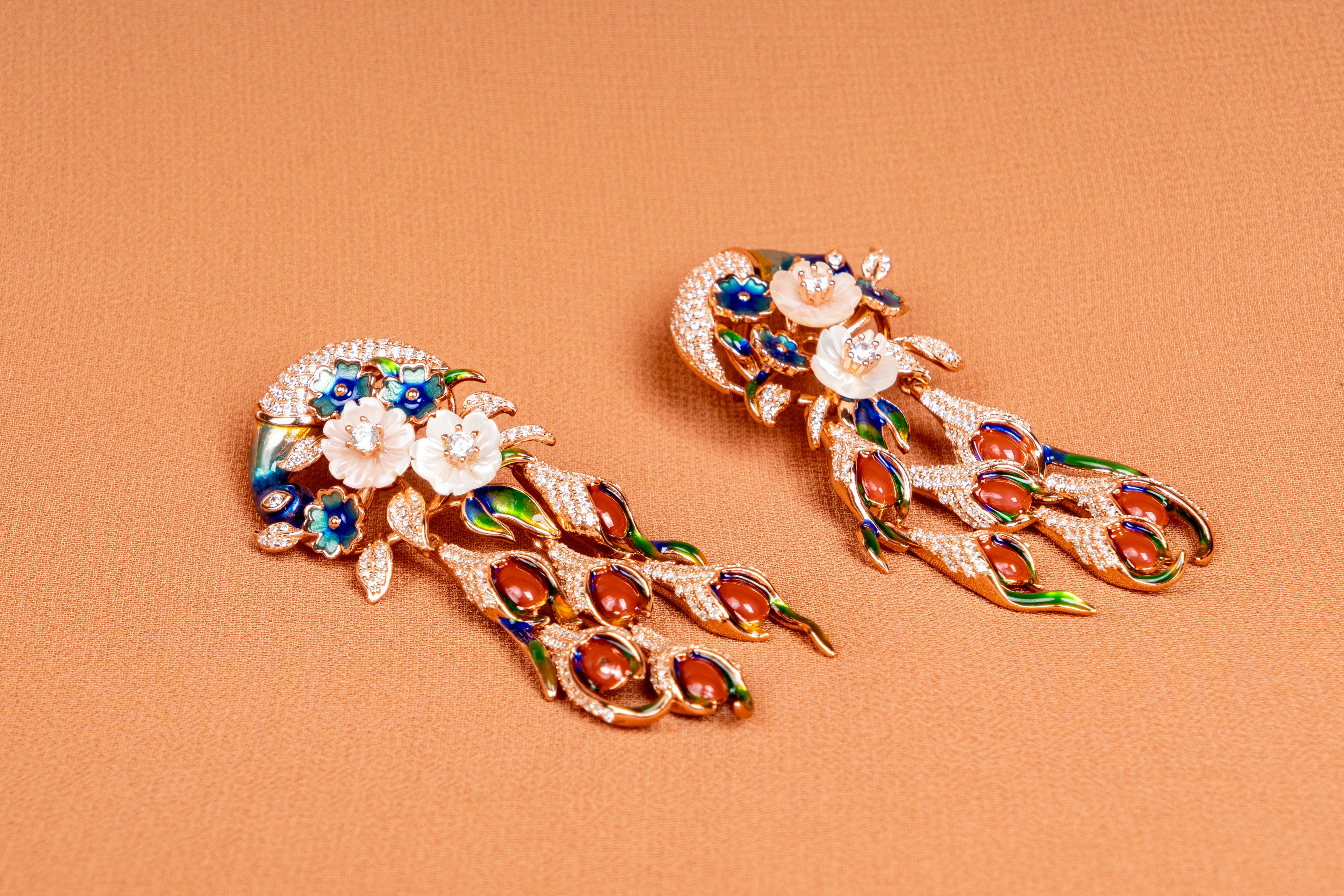 Imperial Peacock Blossom Statement Necklace Set with Floral Enamel Accents