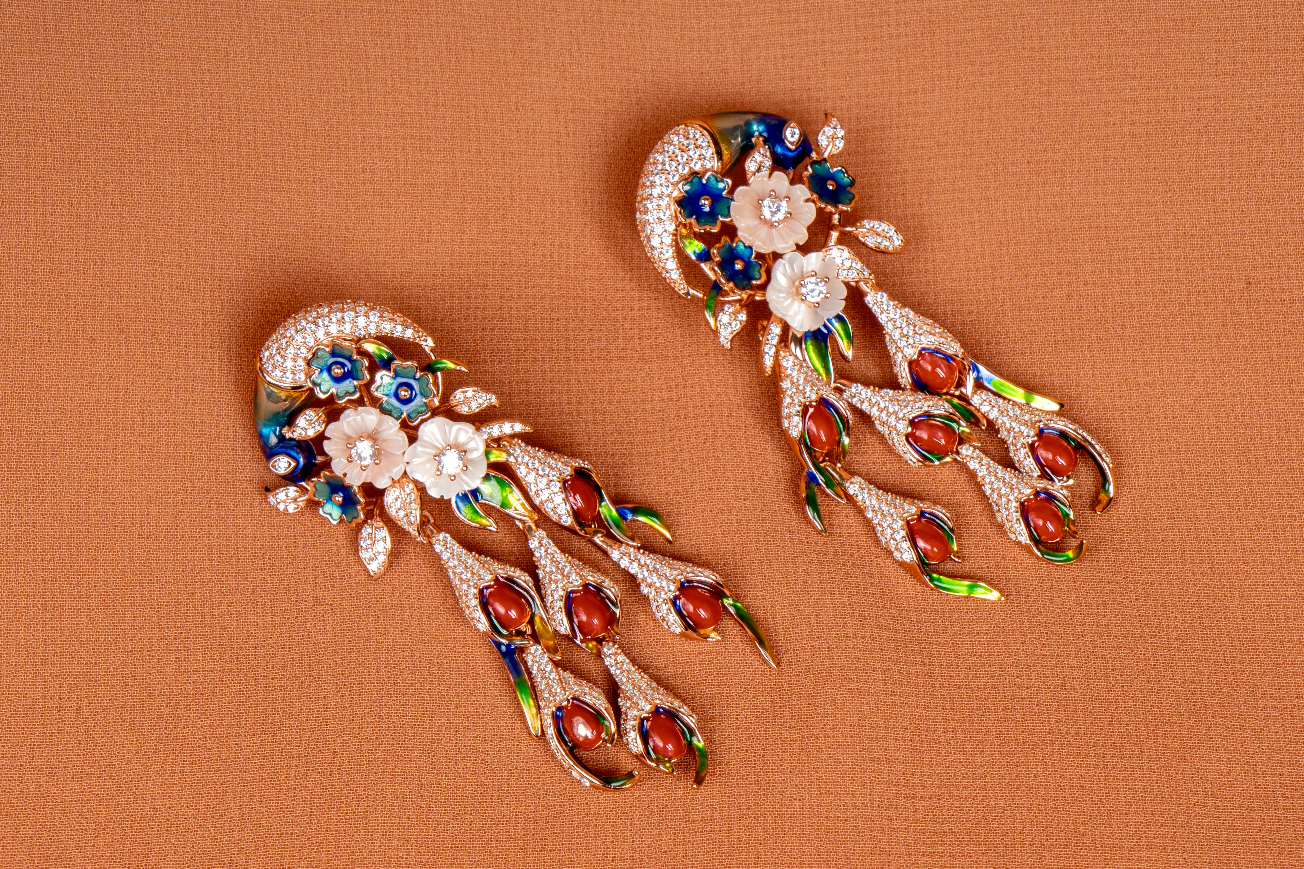 Imperial Peacock Blossom Statement Necklace Set with Floral Enamel Accents