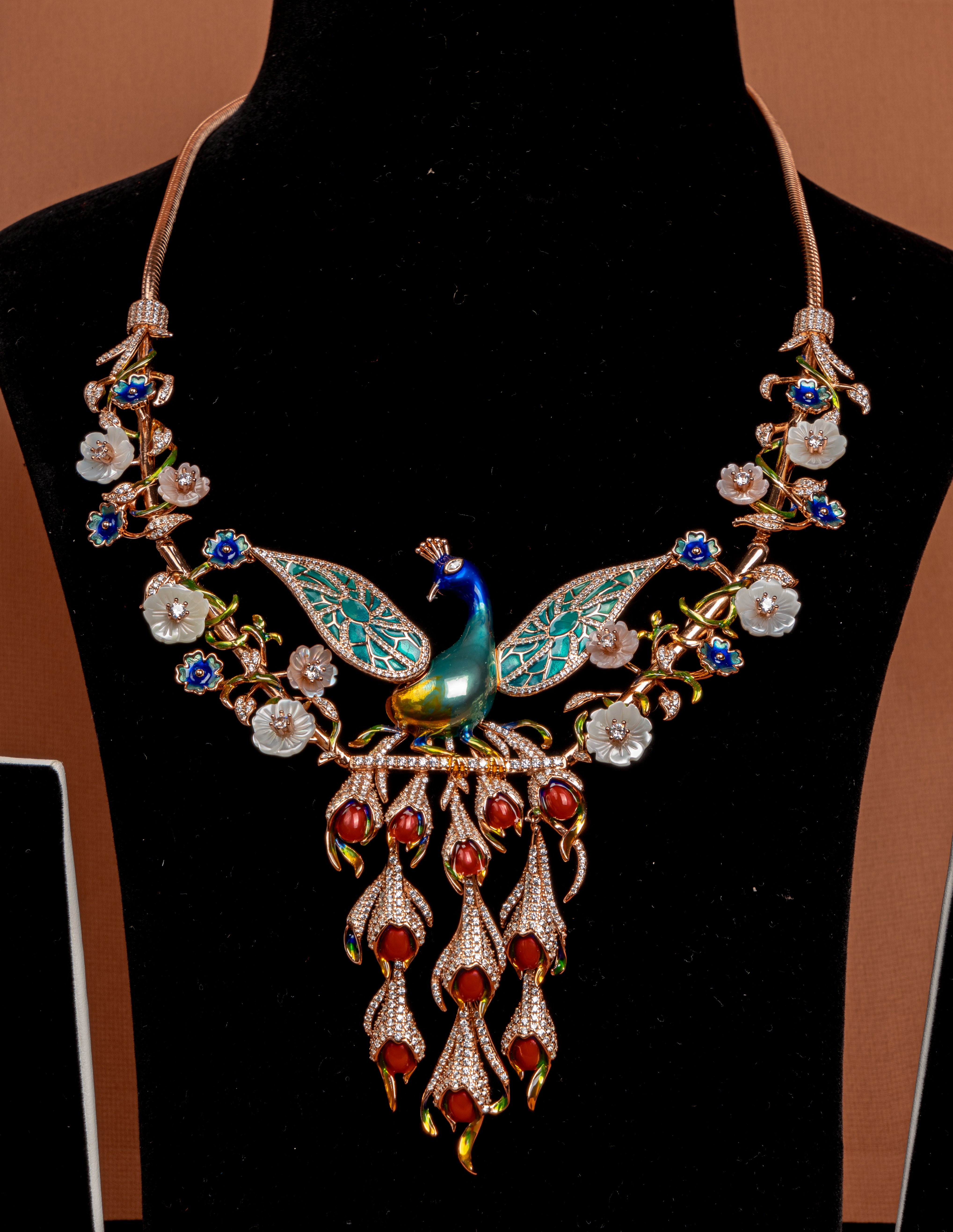 Imperial Peacock Blossom Statement Necklace Set with Floral Enamel Accents