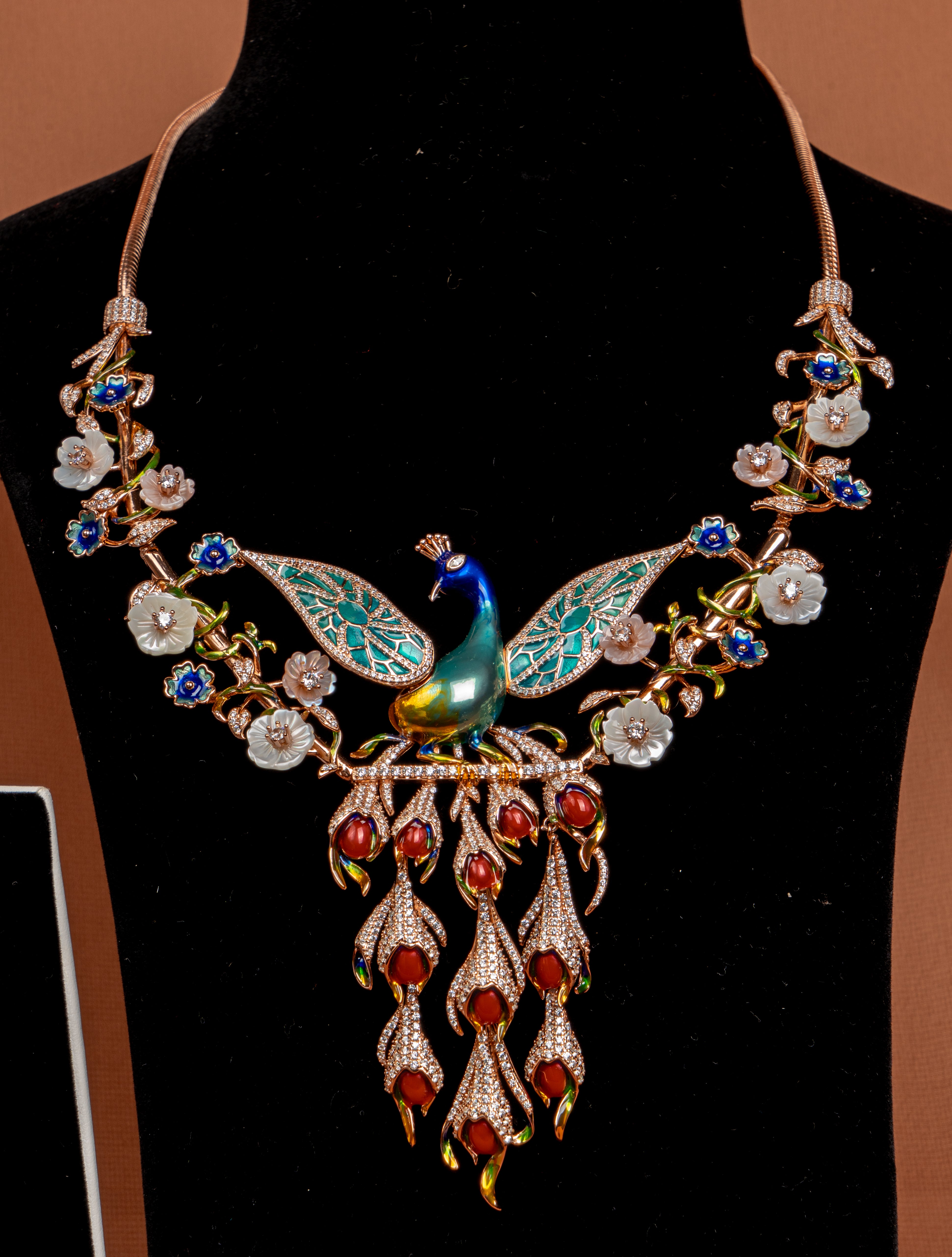 Imperial Peacock Blossom Statement Necklace Set with Floral Enamel Accents