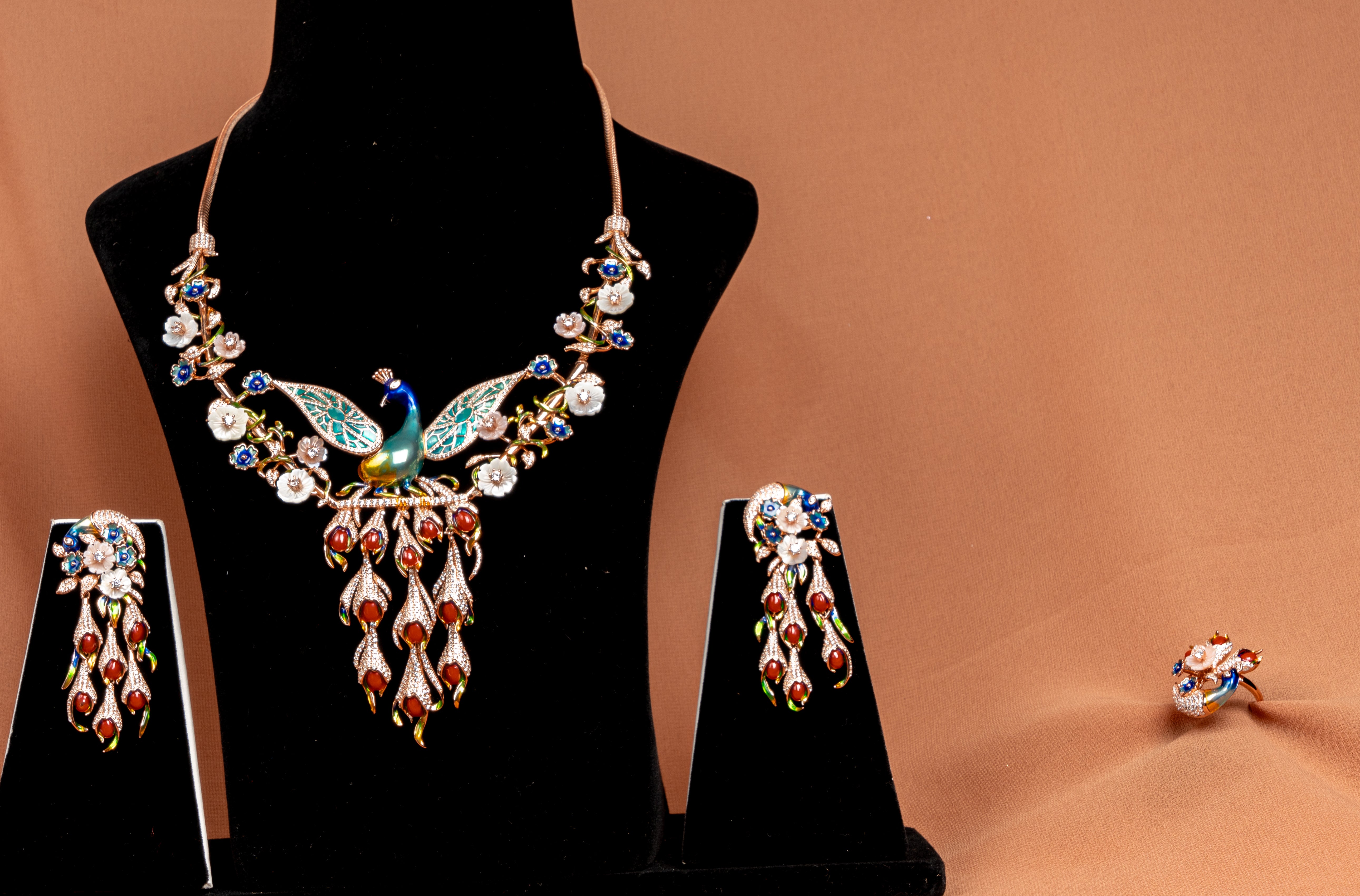 Imperial Peacock Blossom Statement Necklace Set with Floral Enamel Accents