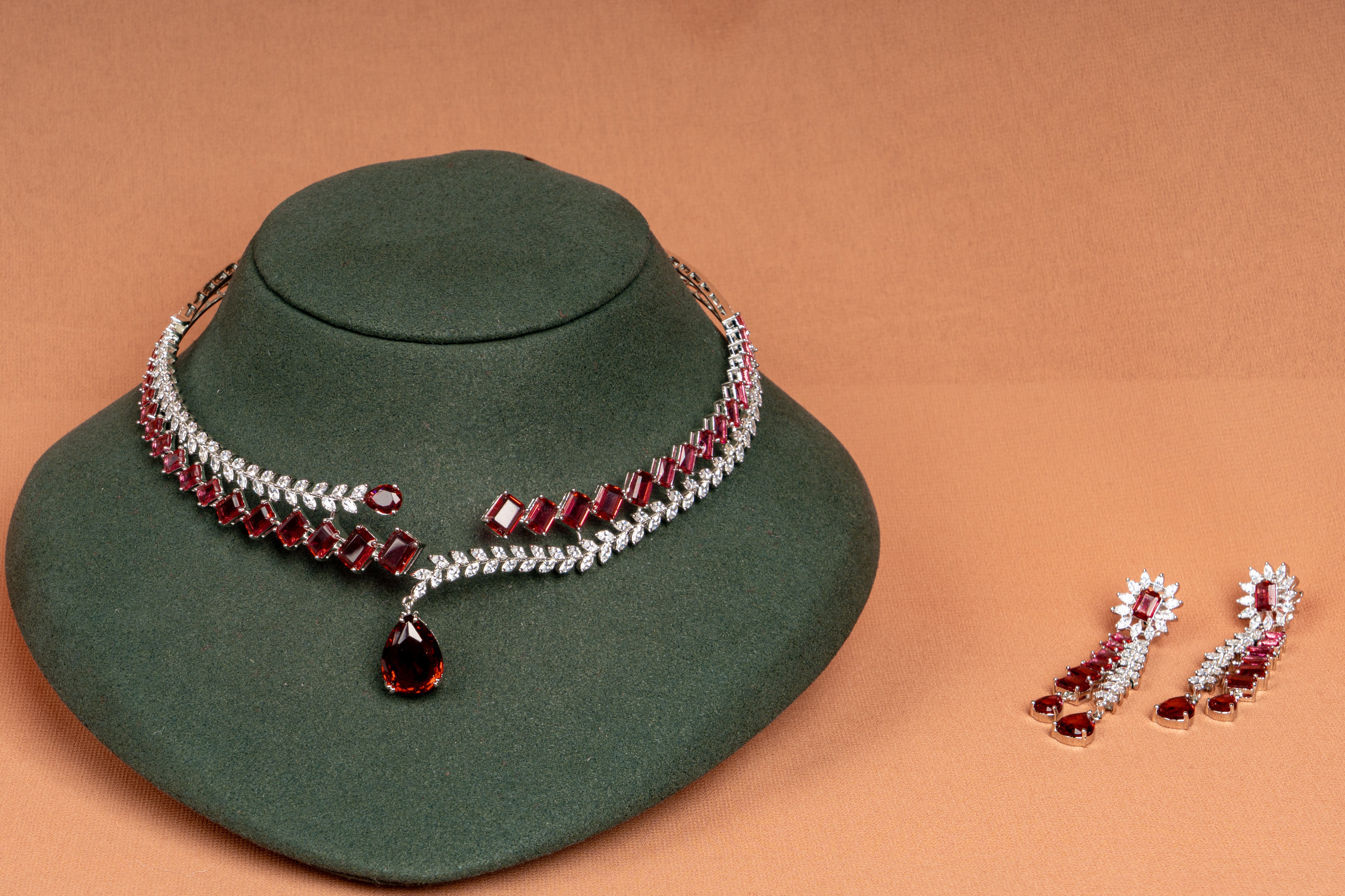 Scarlet Cascade Ruby Crystal Necklace & Linear Drop Earrings Set