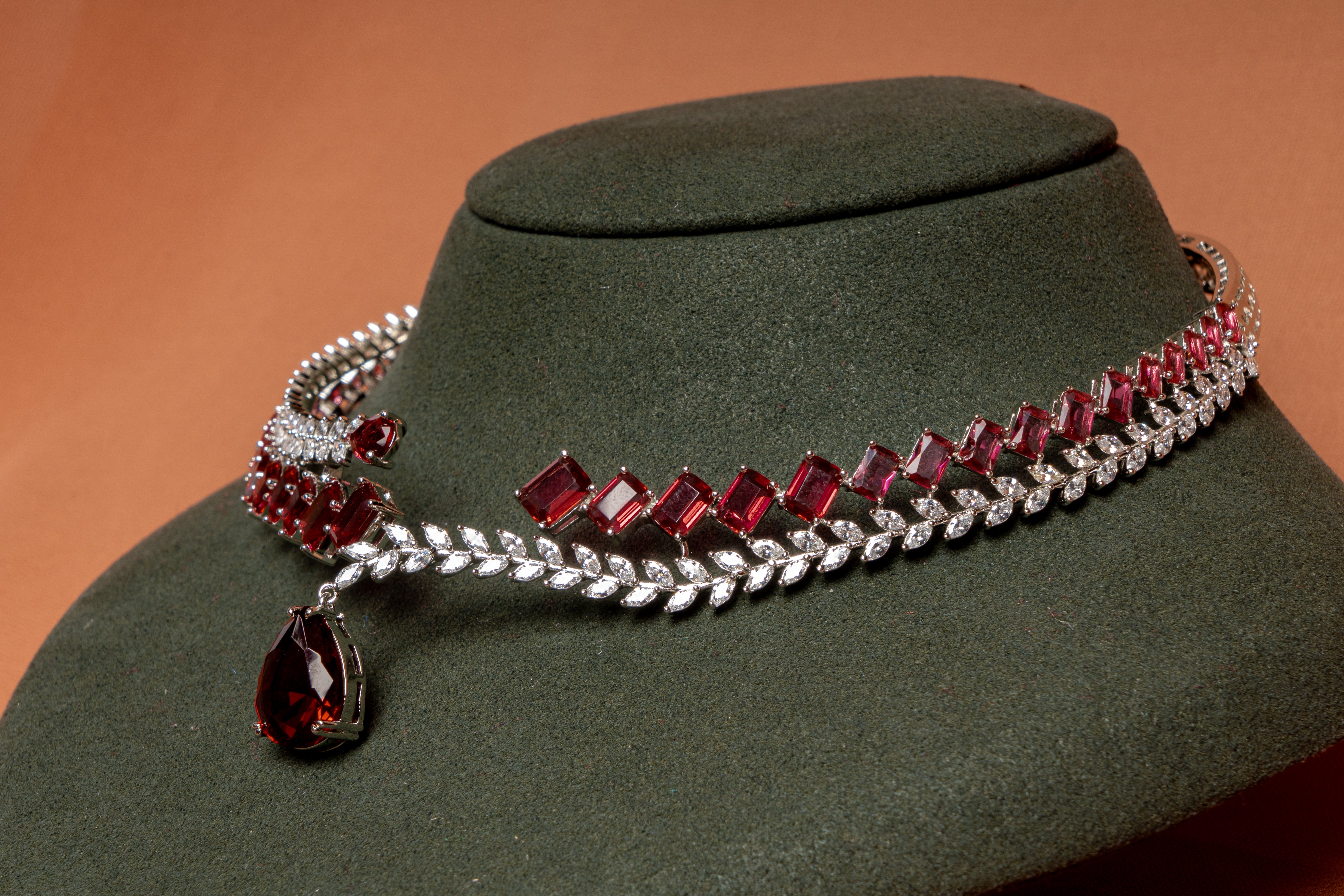 Scarlet Cascade Ruby Crystal Necklace & Linear Drop Earrings Set