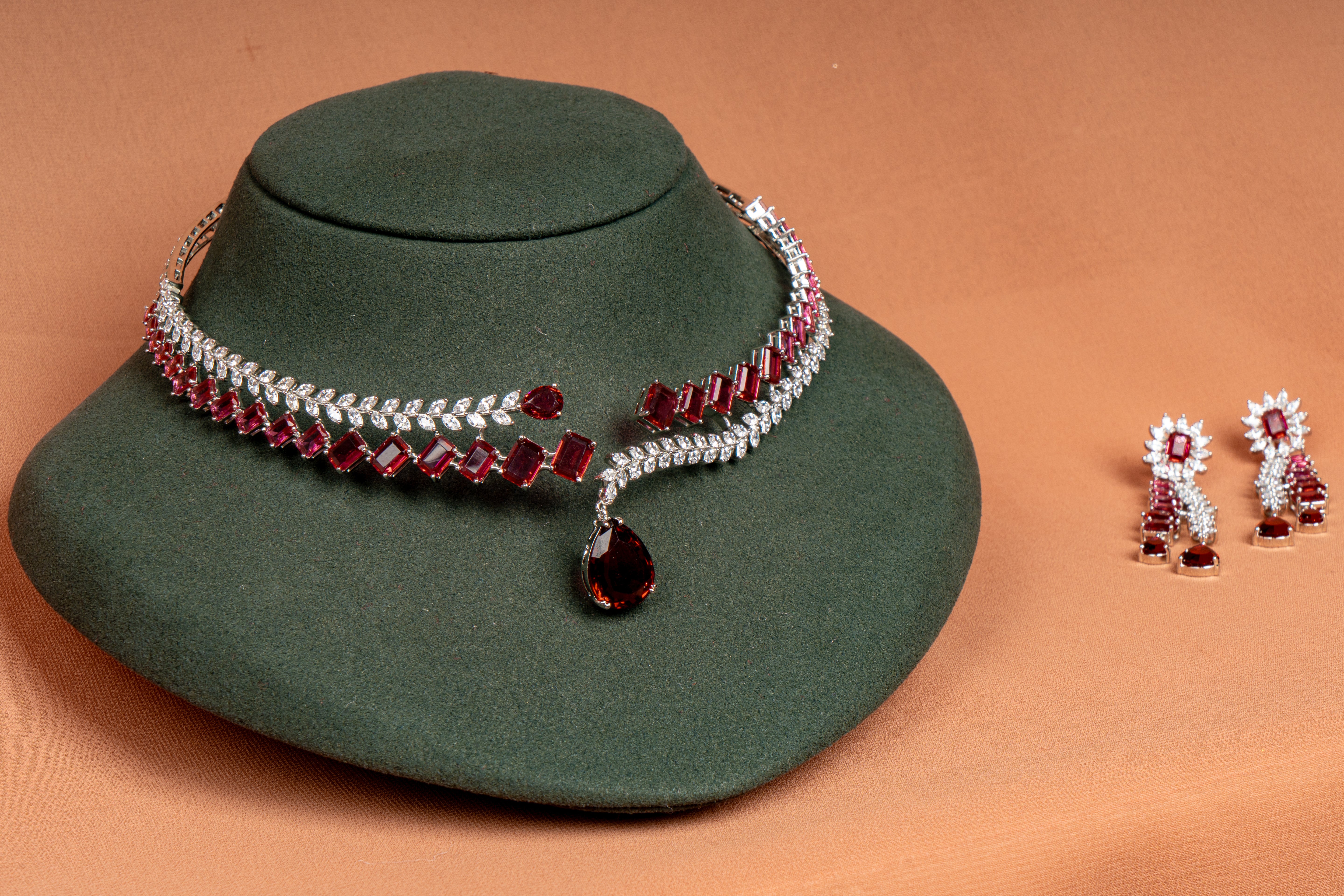 Scarlet Cascade Ruby Crystal Necklace & Linear Drop Earrings Set