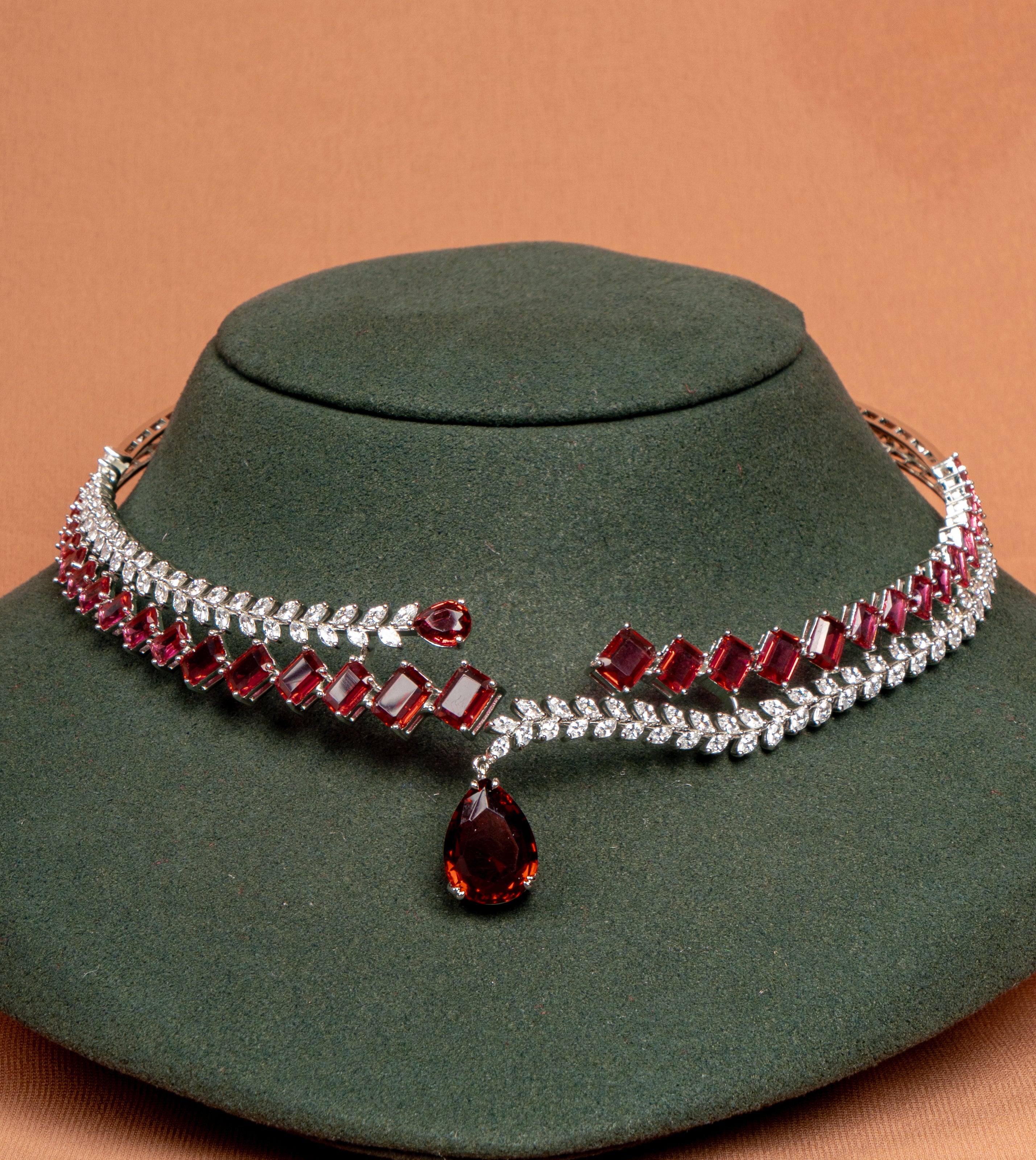 Scarlet Cascade Ruby Crystal Necklace & Linear Drop Earrings Set